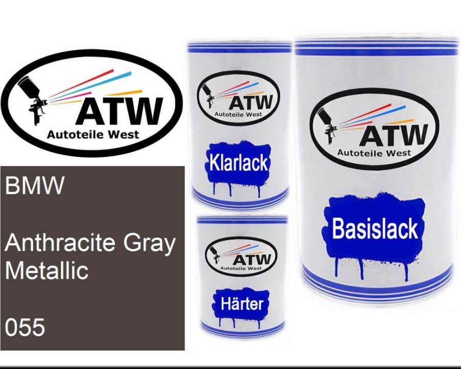 BMW, Anthracite Gray Metallic, 055: 500ml Lackdose + 500ml Klarlack + 250ml Härter - Set, von ATW Autoteile West.